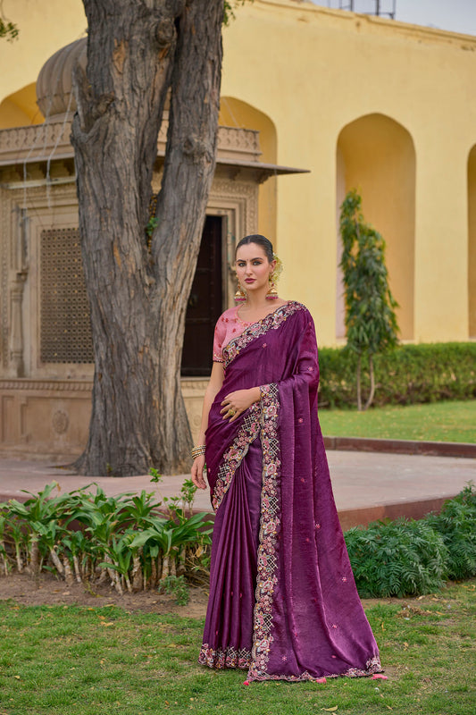 Purple Art Silk With Stone & Cut Work Festive Saree