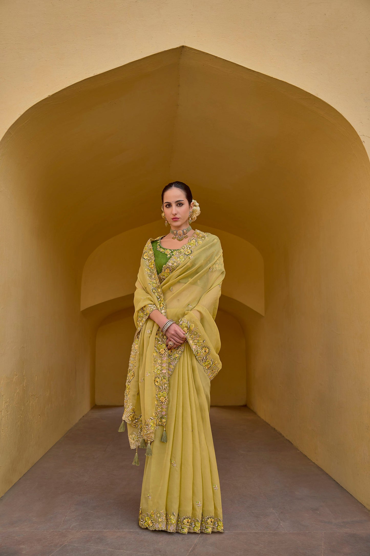 Yellow Art Silk With Stone & Cut Work Haldi Saree