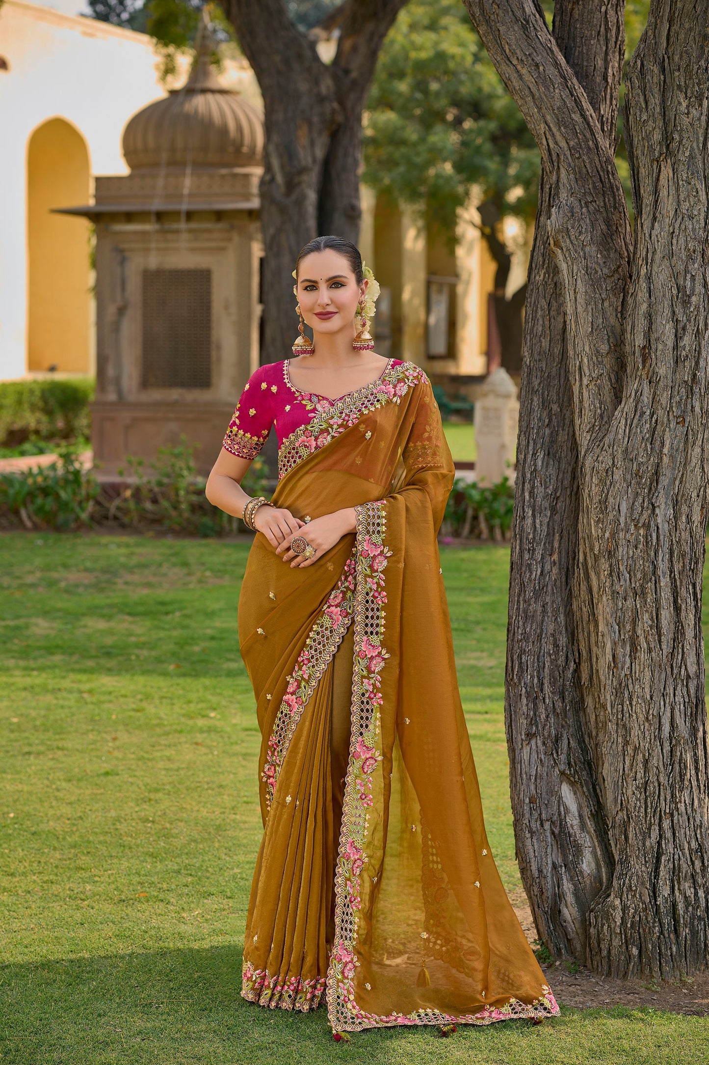 Light Brown Art Silk With Stone & Cut Work Saree