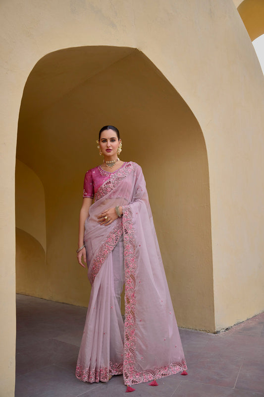 Pastel Pink Art Silk With Stone & Cut Work Party Wear Saree