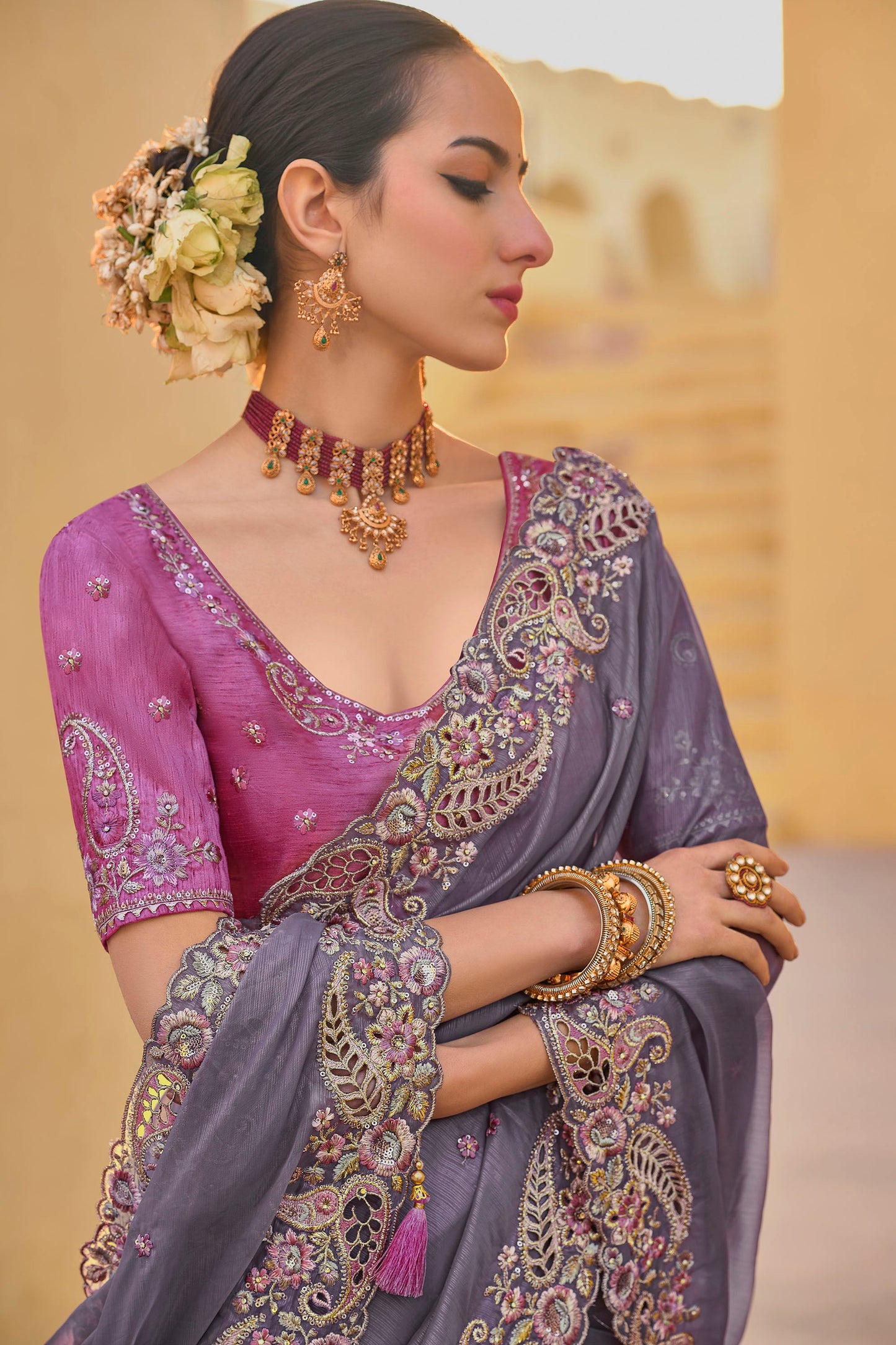Grey Art Silk With Stone & Cut Work Party Wear Saree