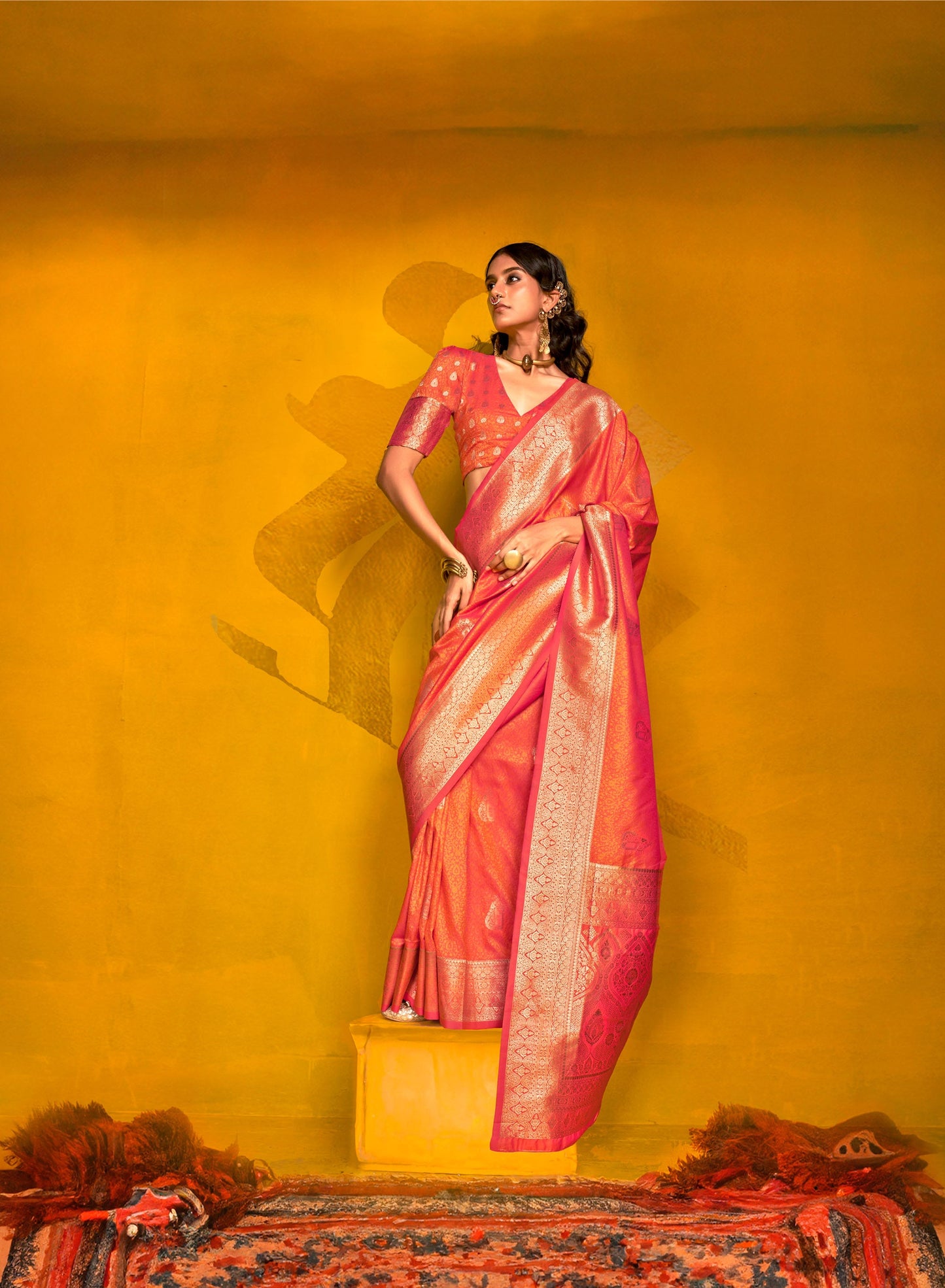 Orange Karnival Two Tone Handloom Weaving Silk Saree