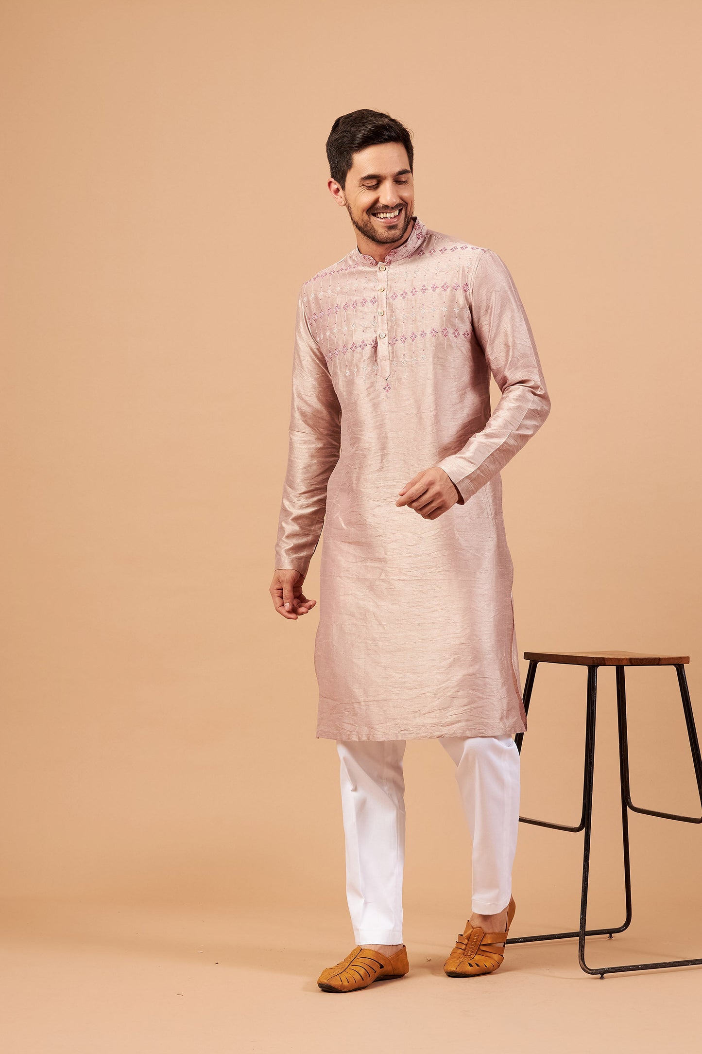 Beige Brown Semi Raw Silk Machine Embroidery Casual ( only Kurta )