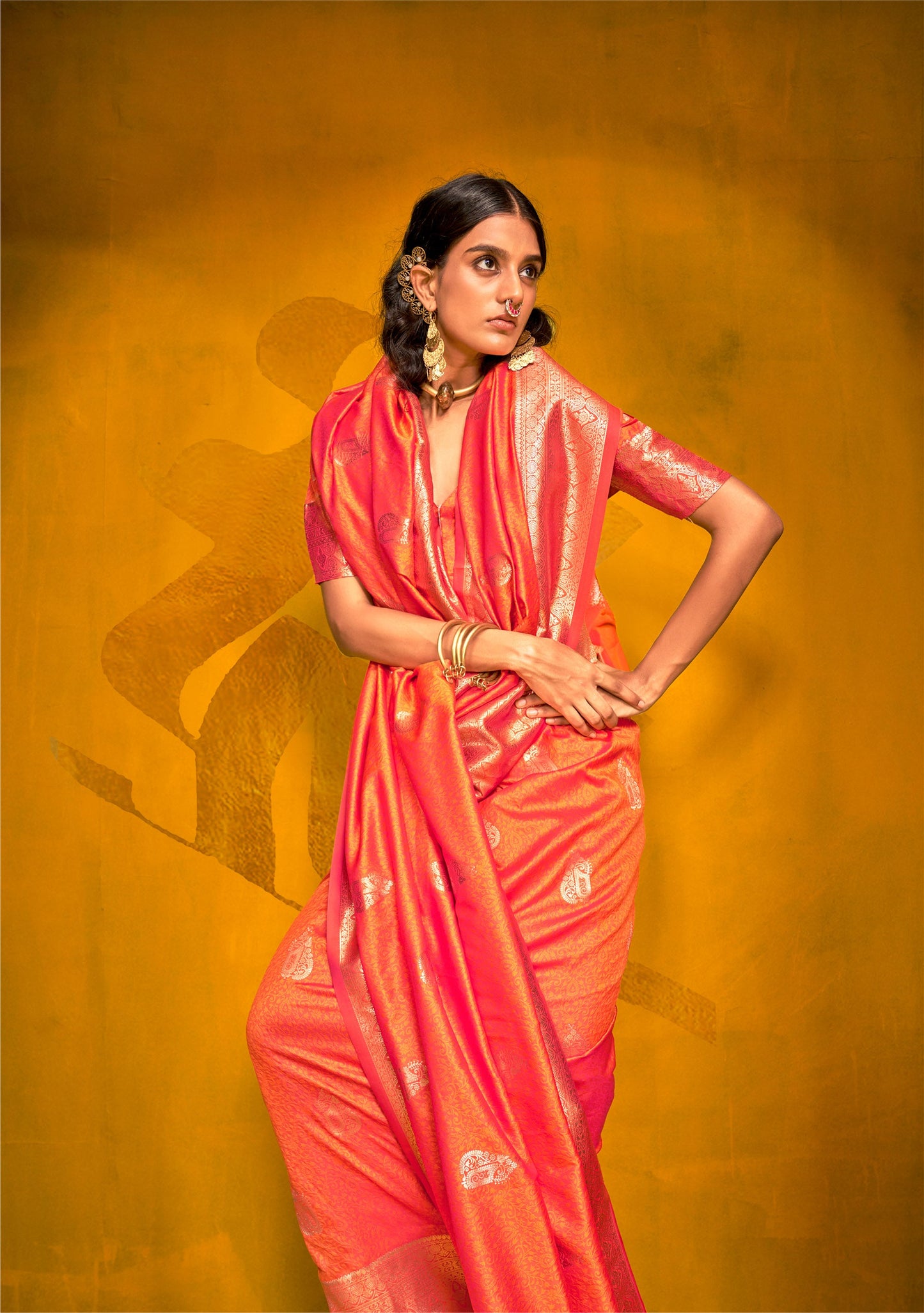 Orange Karnival Two Tone Handloom Weaving Silk Saree