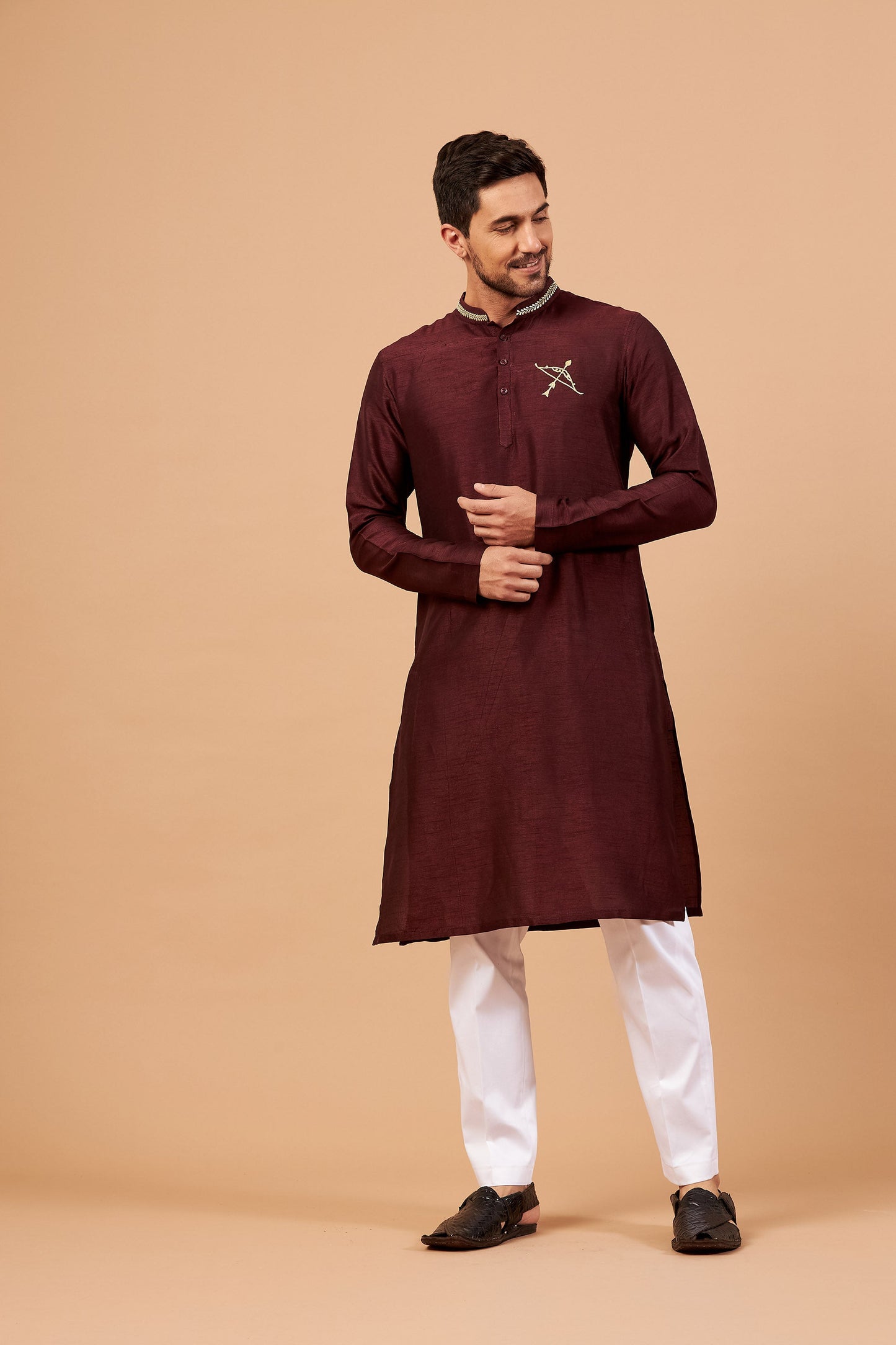Maroon Semi Raw Silk Zari Bow & Arrow Embroidery ( only Kurta )
