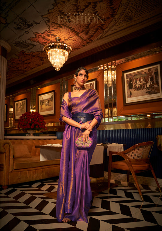 Violet Kumbal Silk Nylon Satin Zari woven saree