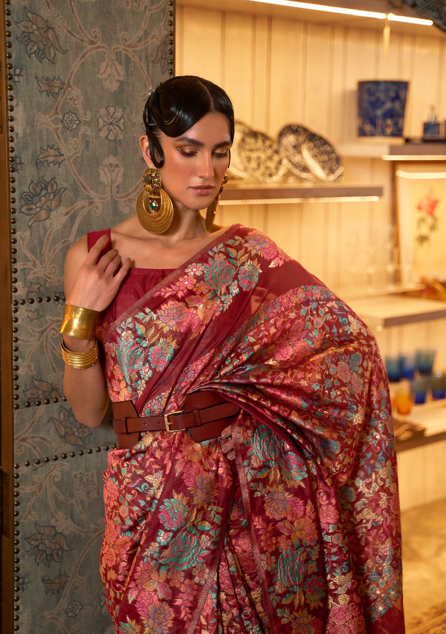 Maroon Kaazi Silk Kashmiri Modal Handloom Saree