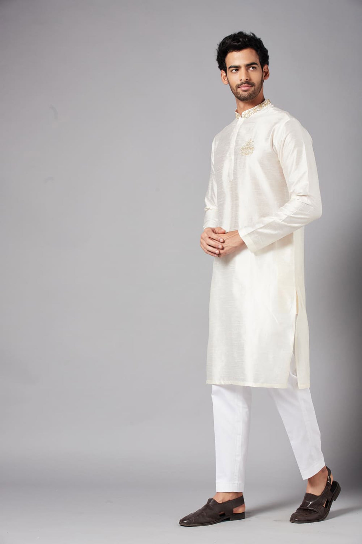 White Semi Raw Silk Embroidered Festive ( only Kurta )
