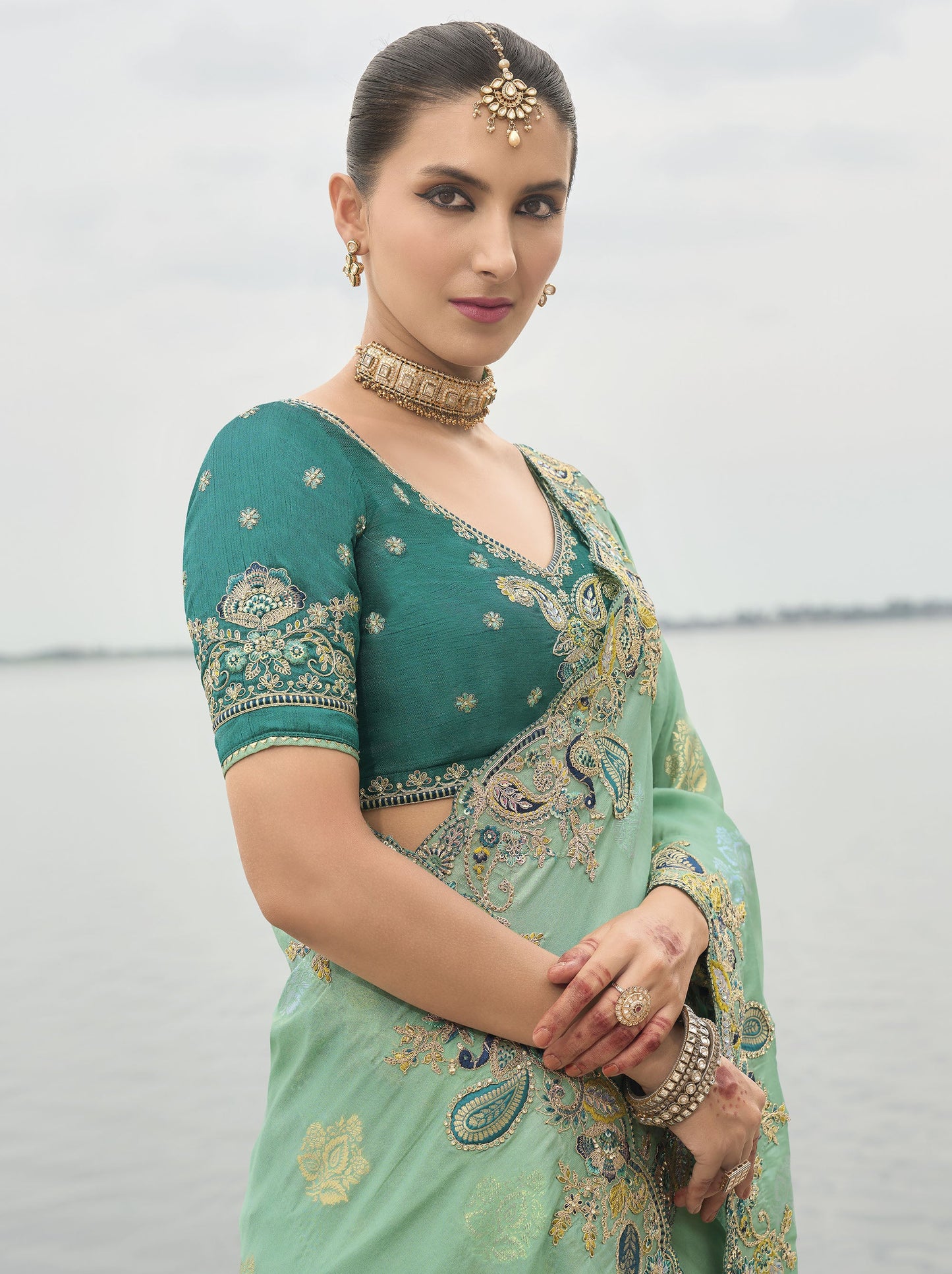 Teal Green Viscose Silk With Embroidery  Butti Work Border Saree