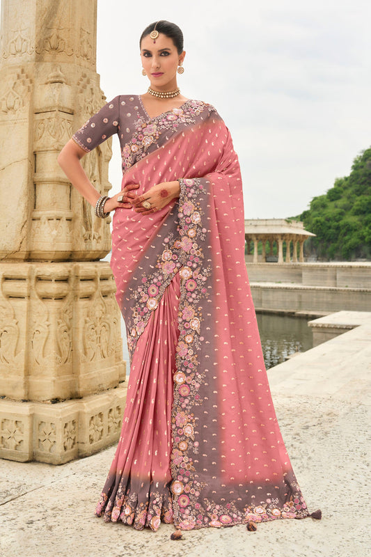Grey and Peach Viscose Silk With Stone Work Festive Saree
