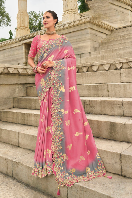 Pink Viscose Silk With Cut Work Festive Saree