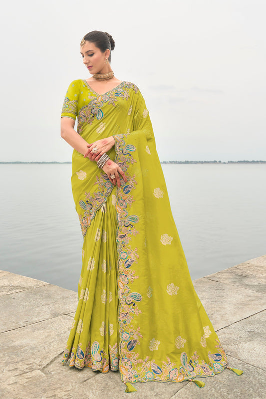 Mehendi Green Viscose Silk With Cut Work Festive Saree
