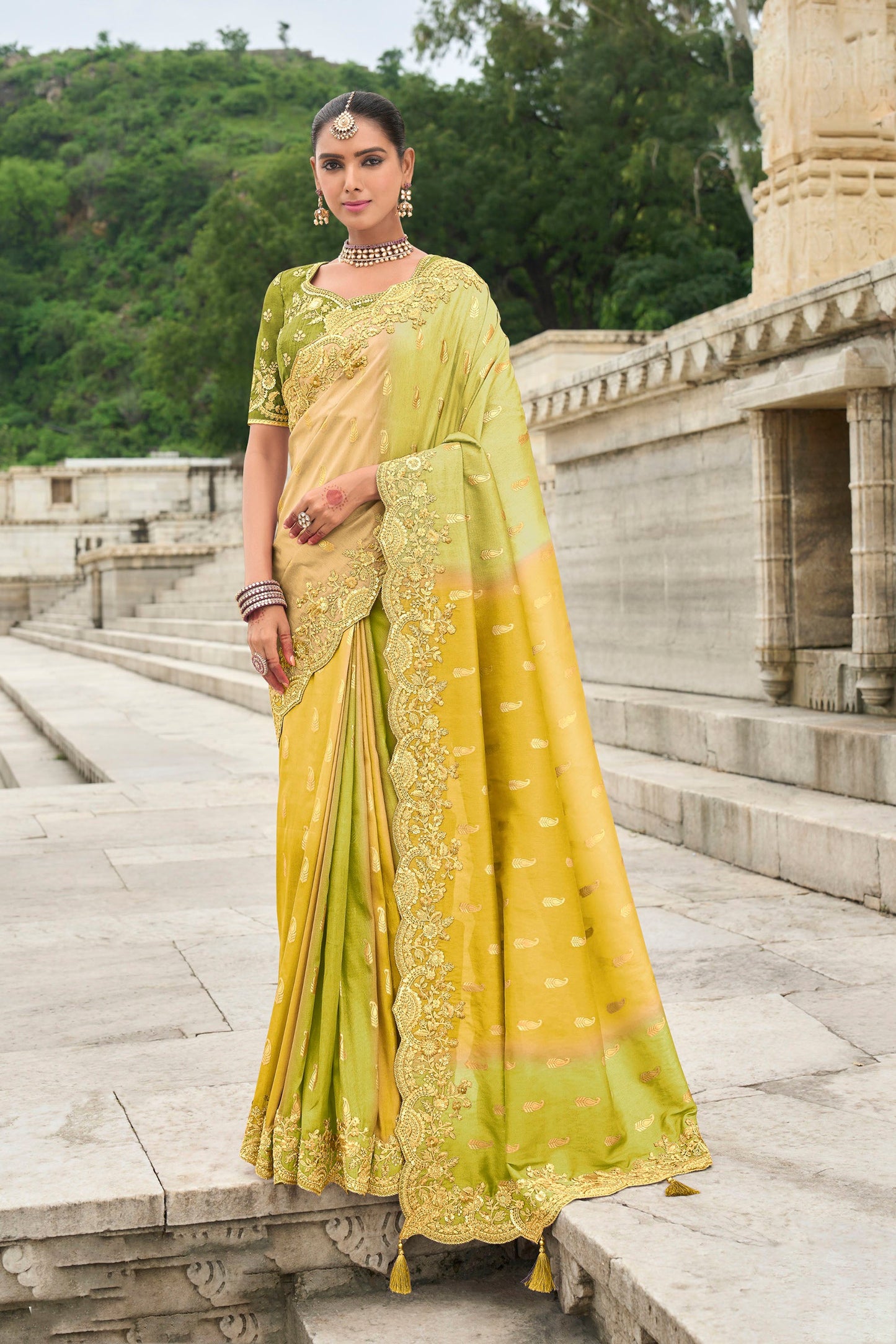Green and Yellow Viscose Silk With Cut Work Saree