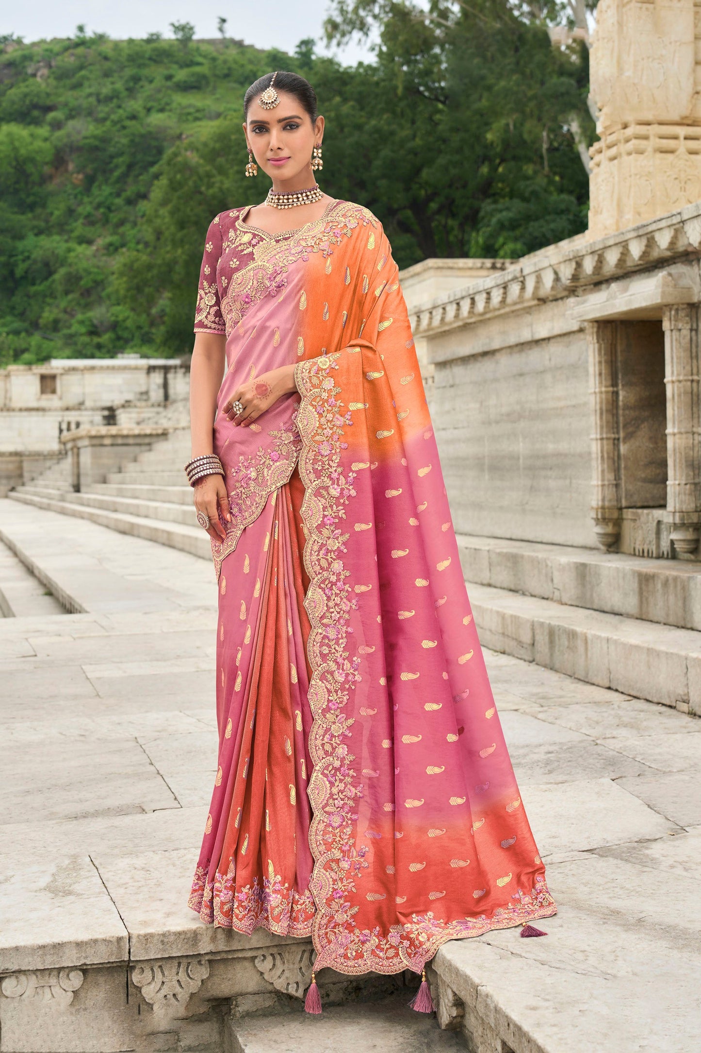 Pink and Orange Viscose Silk With Cut Work Wedding Saree