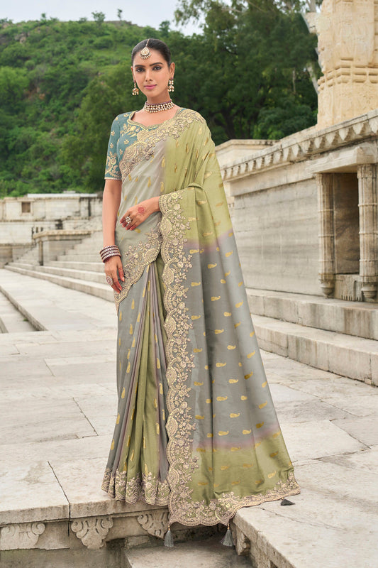 Grey and Green Viscose Silk With Cut Work Saree