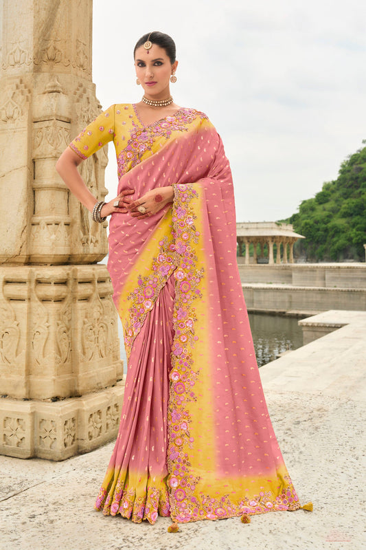 Pink and Yellow Viscose Silk With Sequins Work Saree