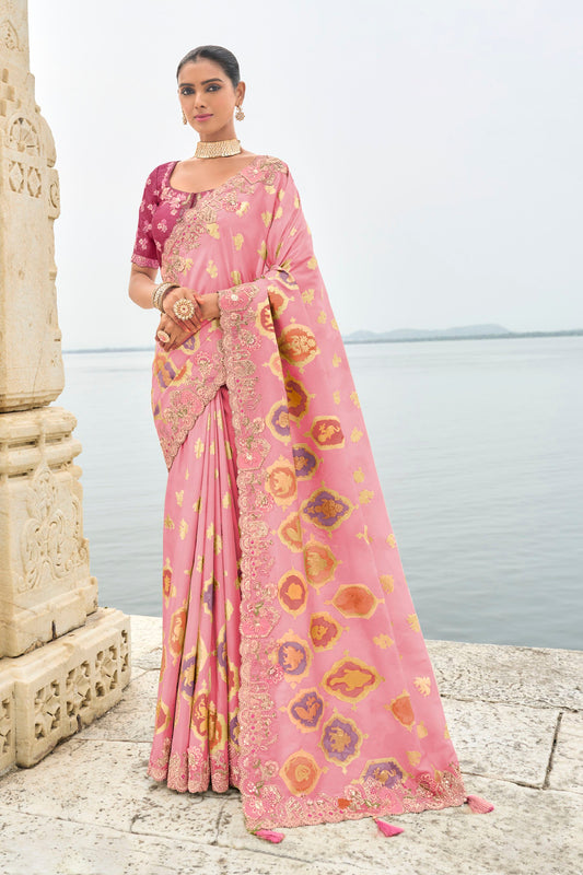 Light Pink Viscose Silk With Sequins Work Saree