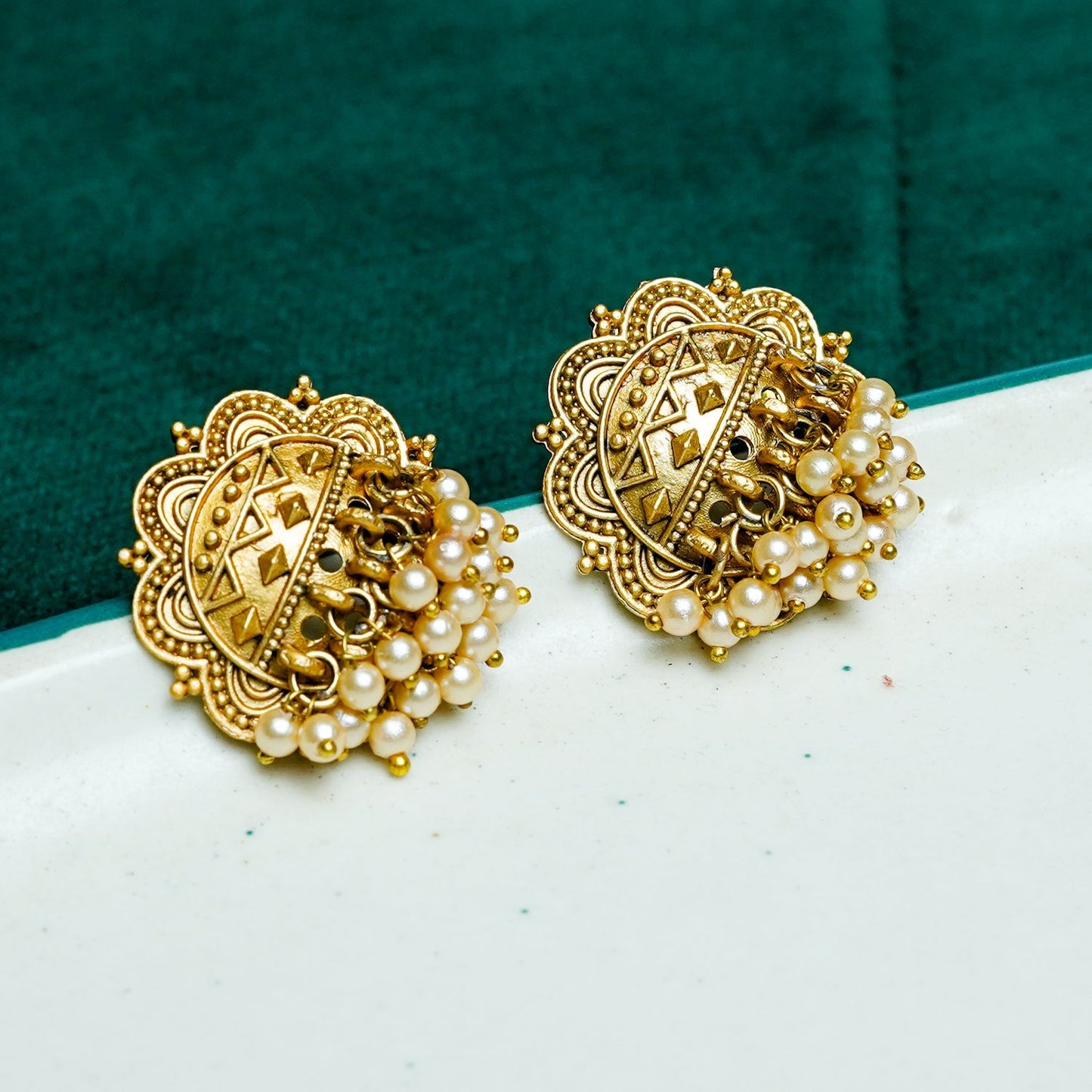 Zevar Club Antique Gold-Toned Statement Stud Earrings with Pearl Cluster Drops & Carved Motif