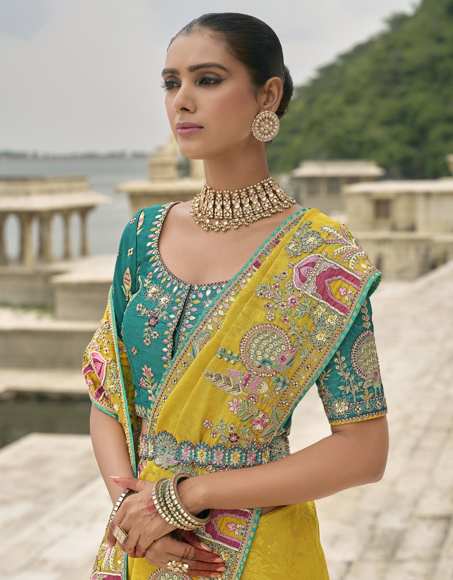 Yellow Pure Viscose Jacquard Khatli, Zari Embroidered Haldi Saree