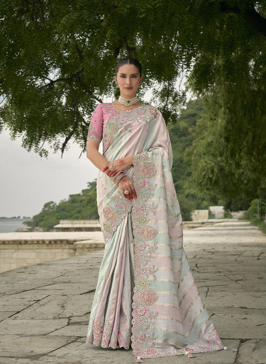 Pink and Sea Green Pure Viscose Jacquard Khatli, Zari Embroidered Saree