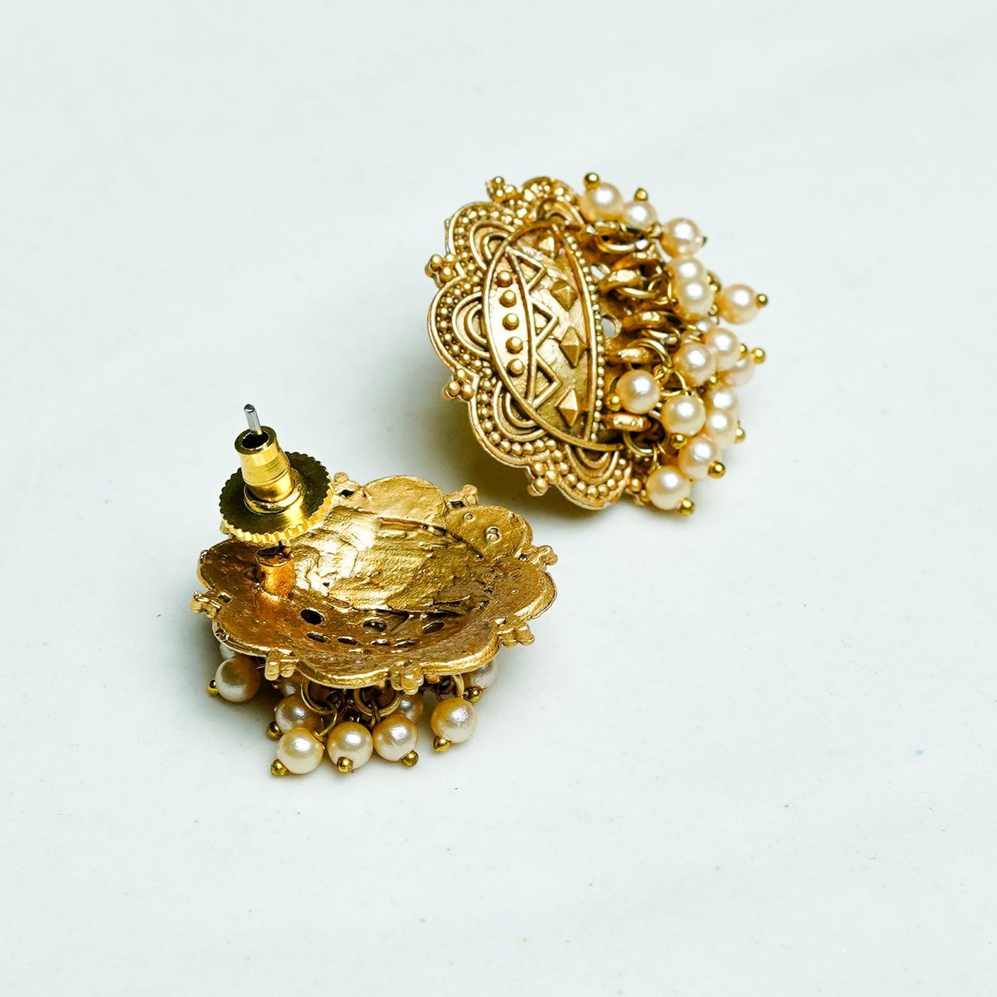 Zevar Club Antique Gold-Toned Statement Stud Earrings with Pearl Cluster Drops & Carved Motif