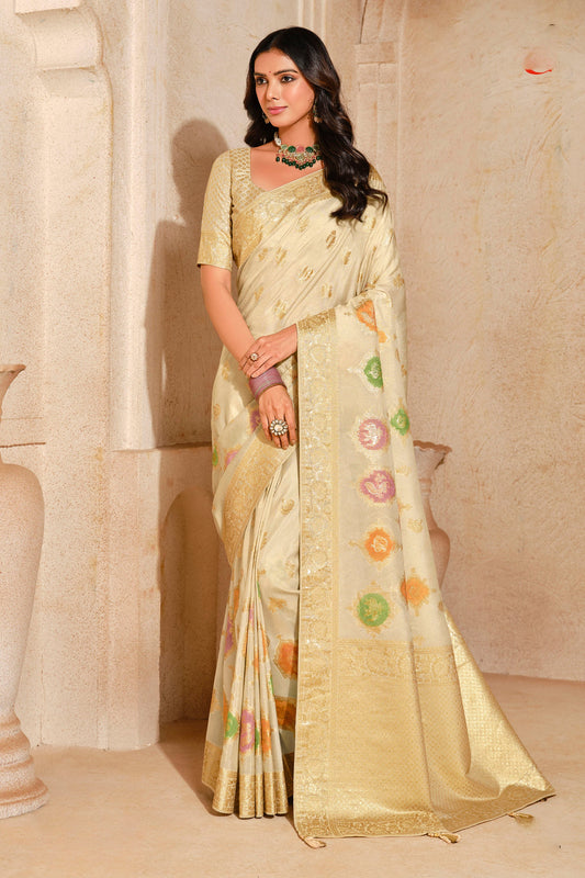 Cream Jacquard Silk With Zari Woven Saree