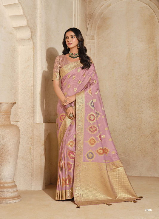 Onion Pink Jacquard Silk With Zari Woven Saree