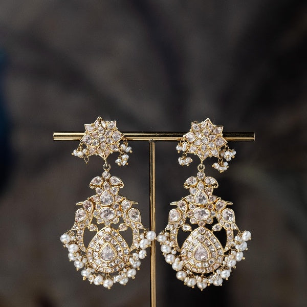 White Polki Studded with Pearl Drops Silver Earrings