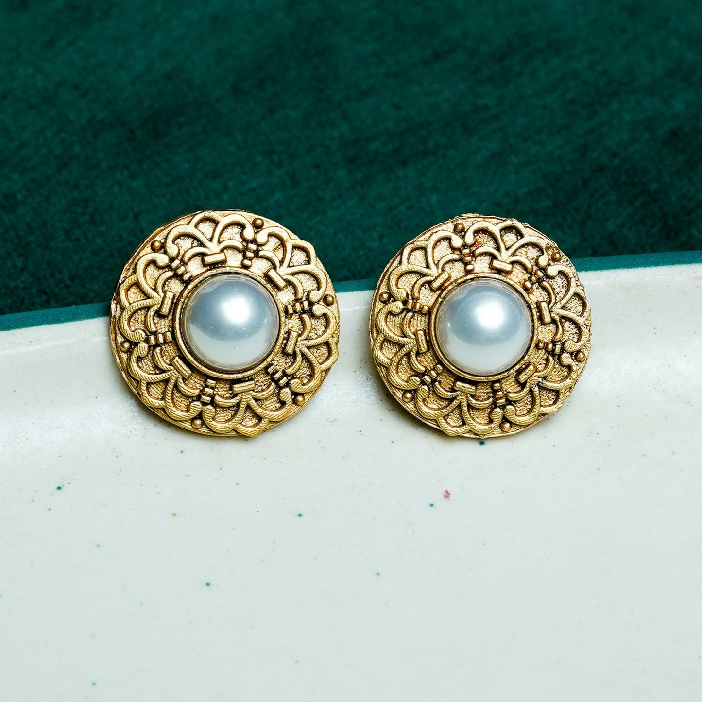 Zevar Club Gold-Toned Antique Statement Stud Earrings with White Pearl Centre & Carved Design