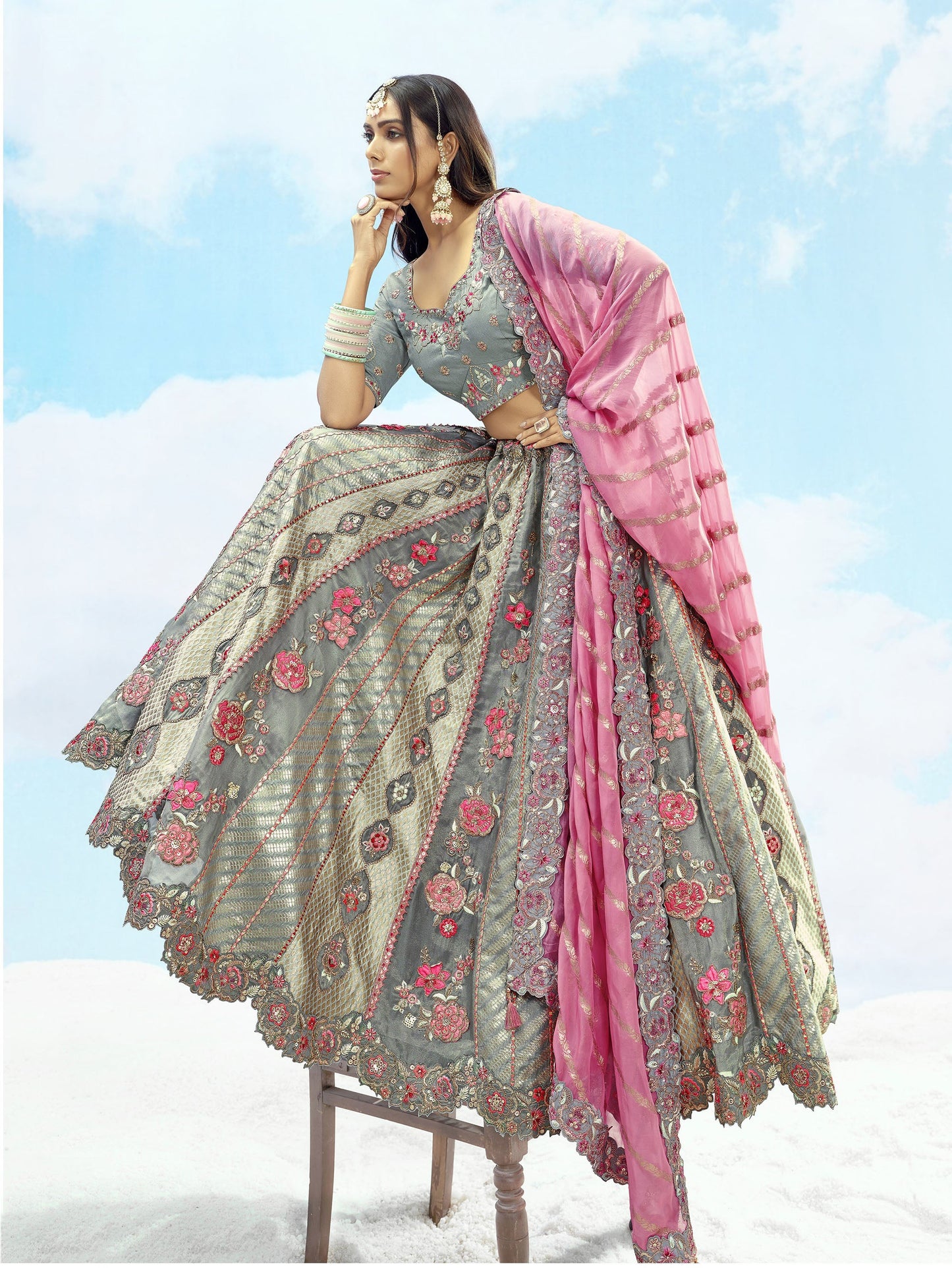 Grey and Pink Jacquard Art Silk Zari Work Engagement Lehenga