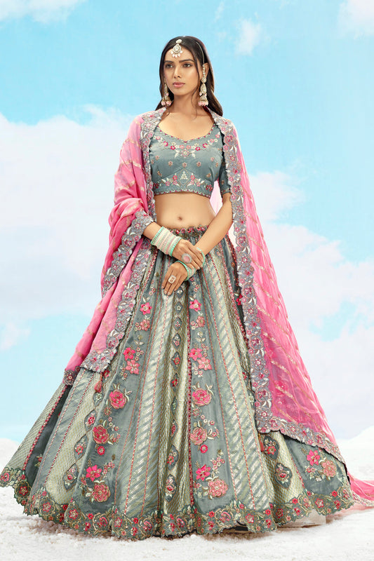 Grey and Pink Jacquard Art Silk Zari Work Engagement Lehenga