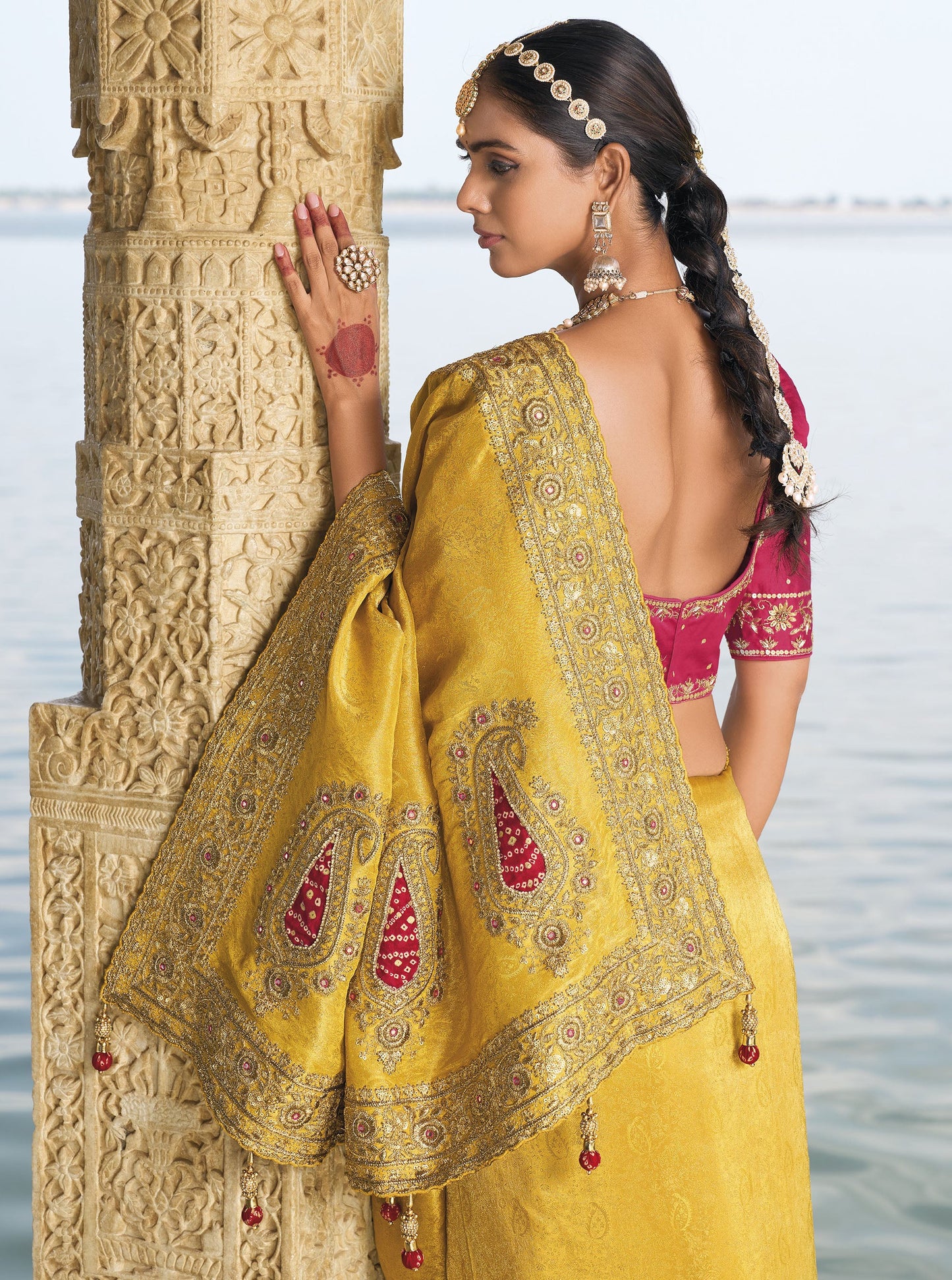 Mustard Crepe Jacquard Zardozi Embroidery Saree