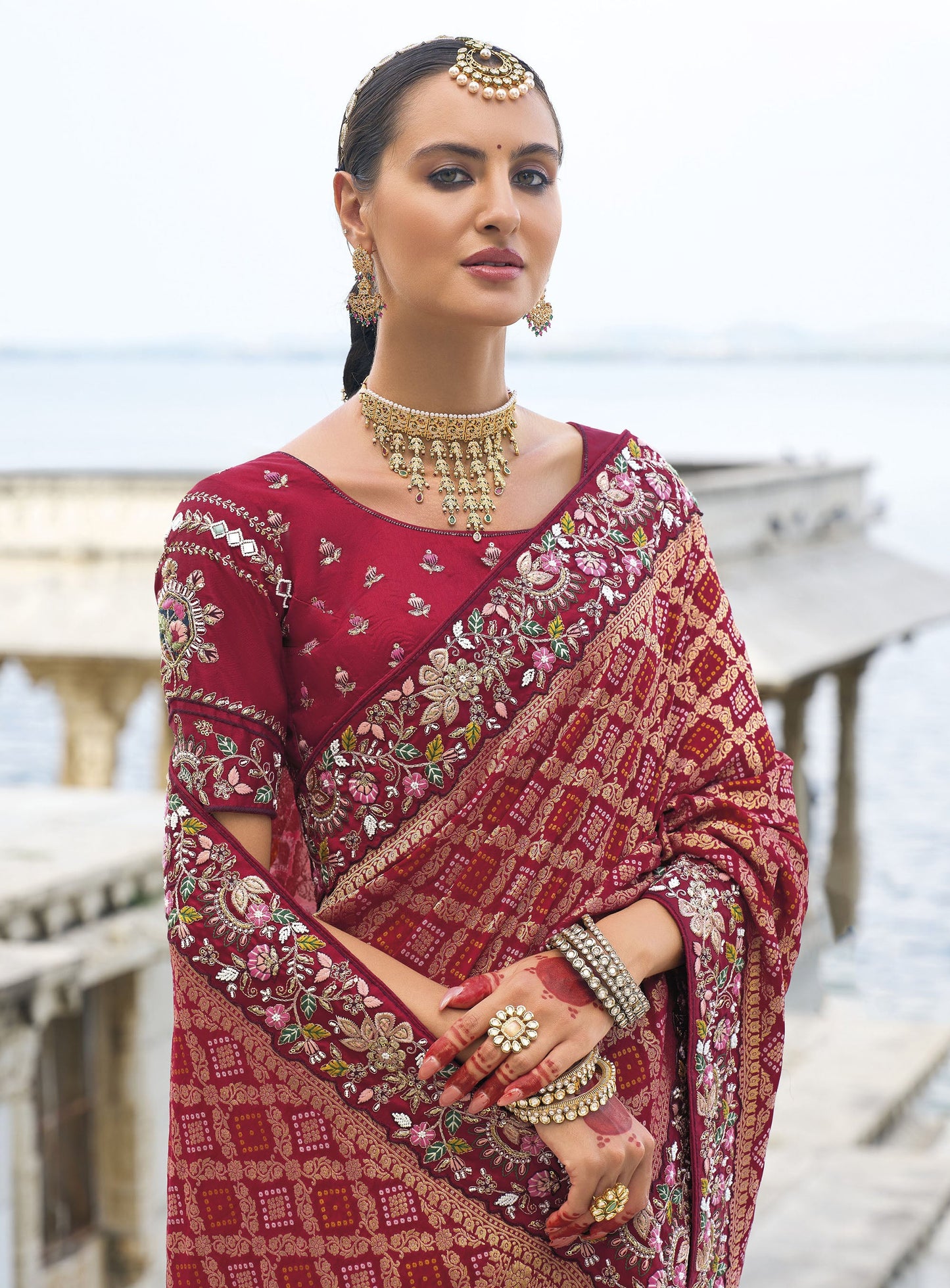 Maroon Bandhej Silk Mirror Embroidery Festive Saree