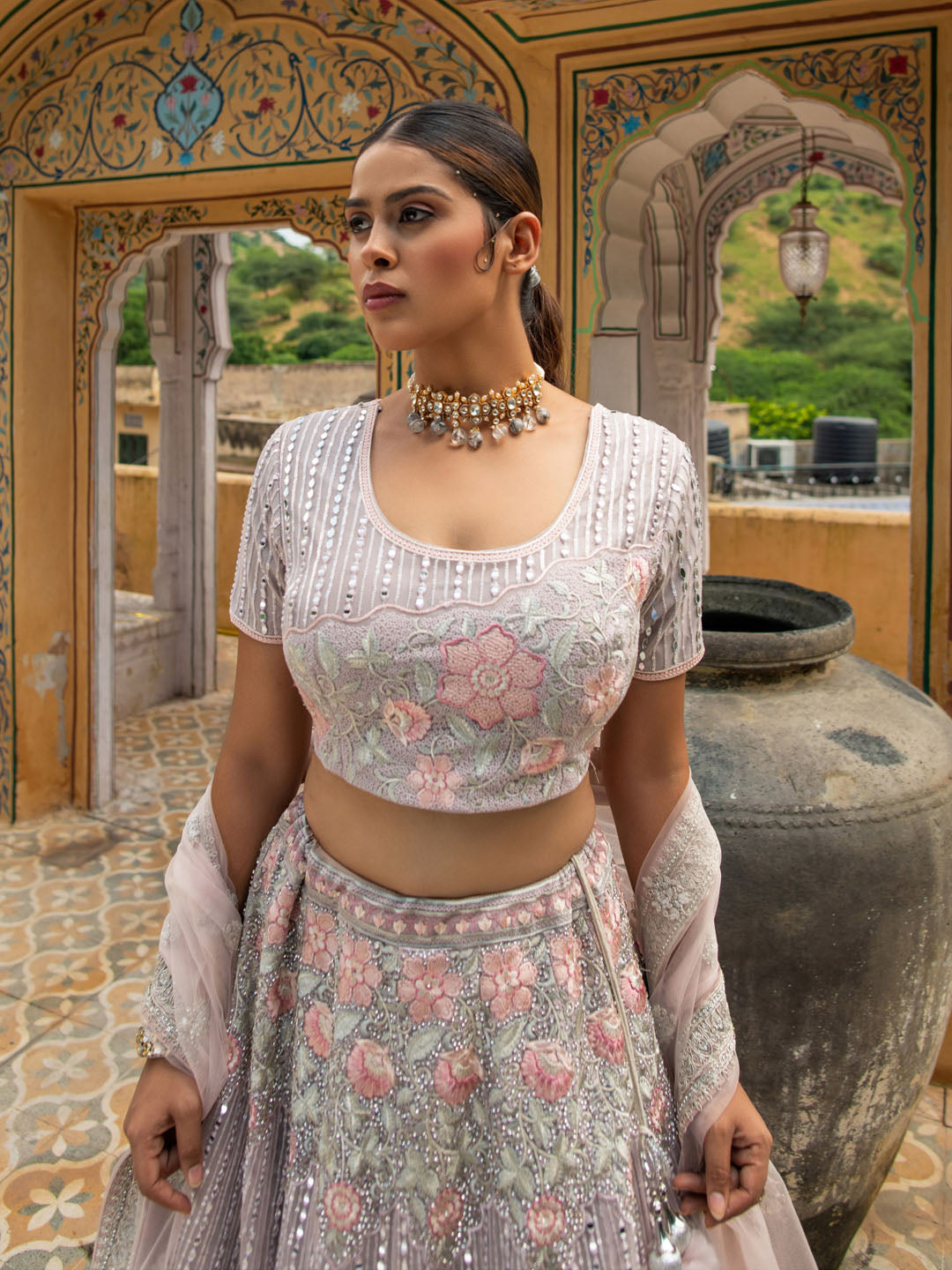 Light Purple Net Heavy Thread Embroidery Lehenga