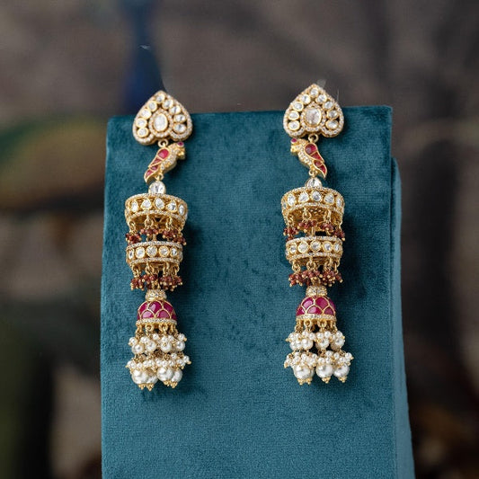 Gold and White Bird and Jhumkis Motifs Silver Earrings