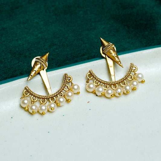 Zevar Club 18K Gold-Plated Statement Stud Earrings with Pointed Top & Cream Pear Pearl Crescent Drop