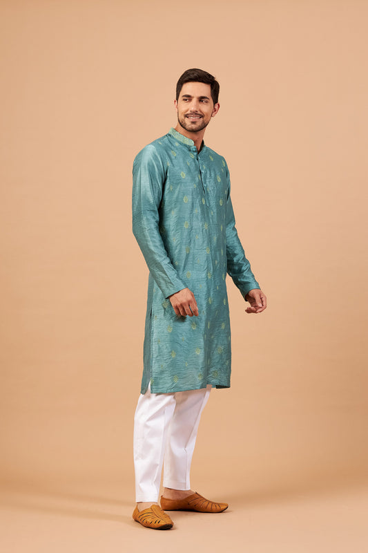 Teal Semi Raw Silk Machine Embroidered Festive ( only Kurta )
