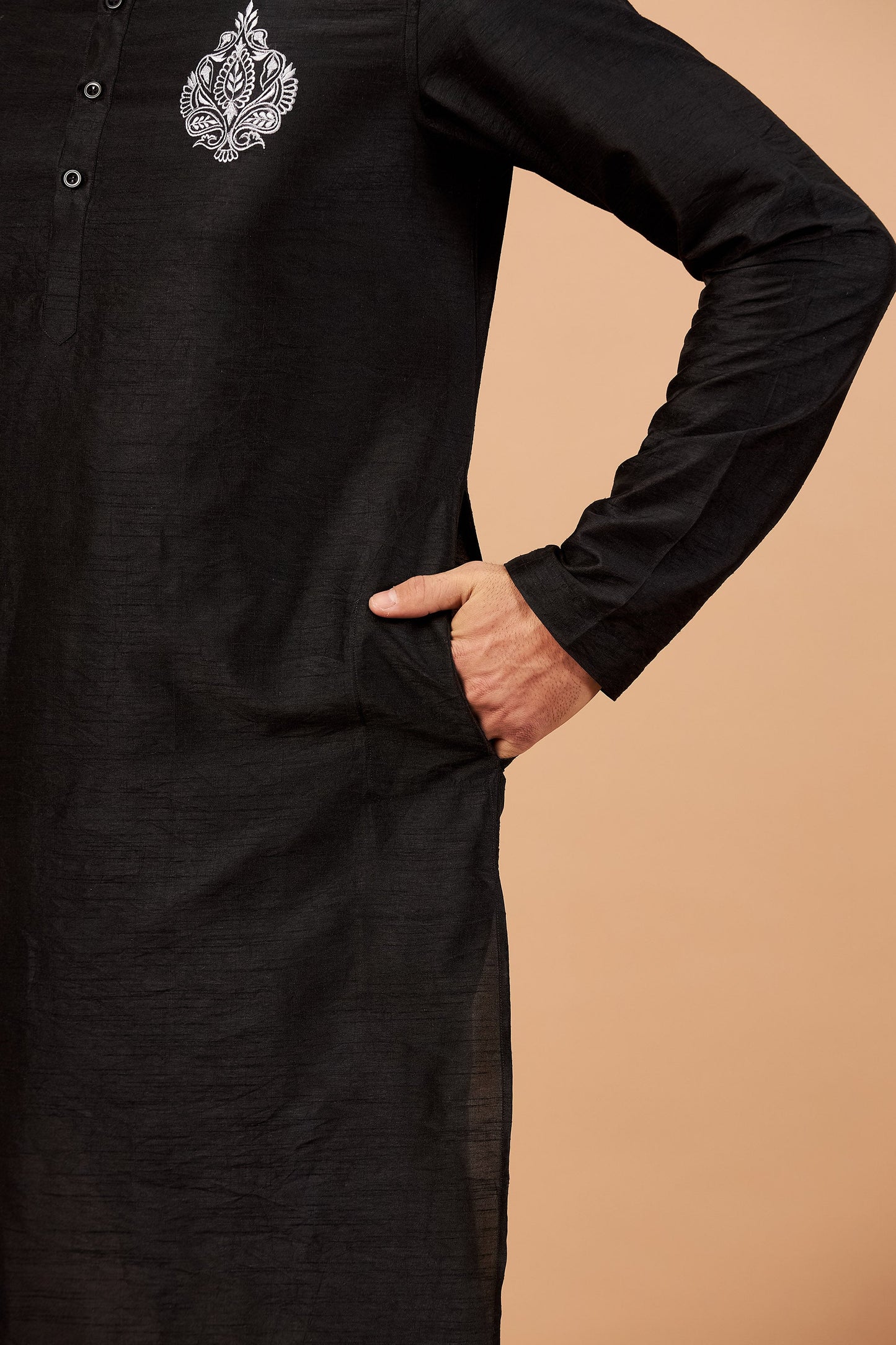 Black Machine Embroidery Semi Raw Silk ( only Kurta )
