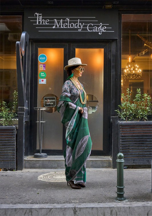 Green and Grey Floral Kolombus Satin Georgette Printed Saree