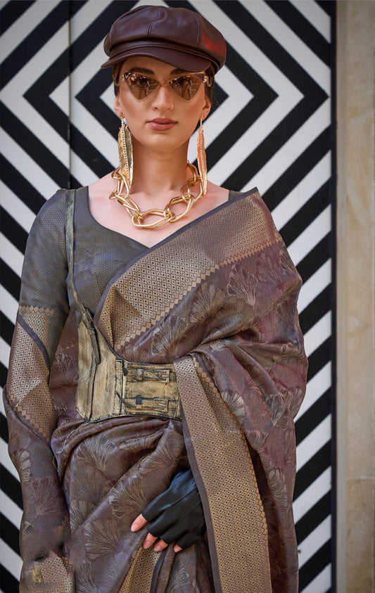 Brown Kalki Handwoven Two tone organza saree