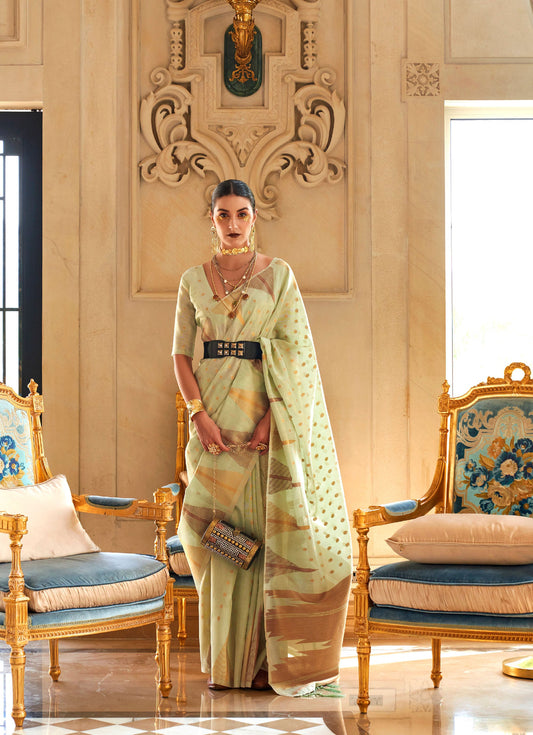 Pista Green Kyaari Silk Tissue Zari Khicha Zari Handloom Saree