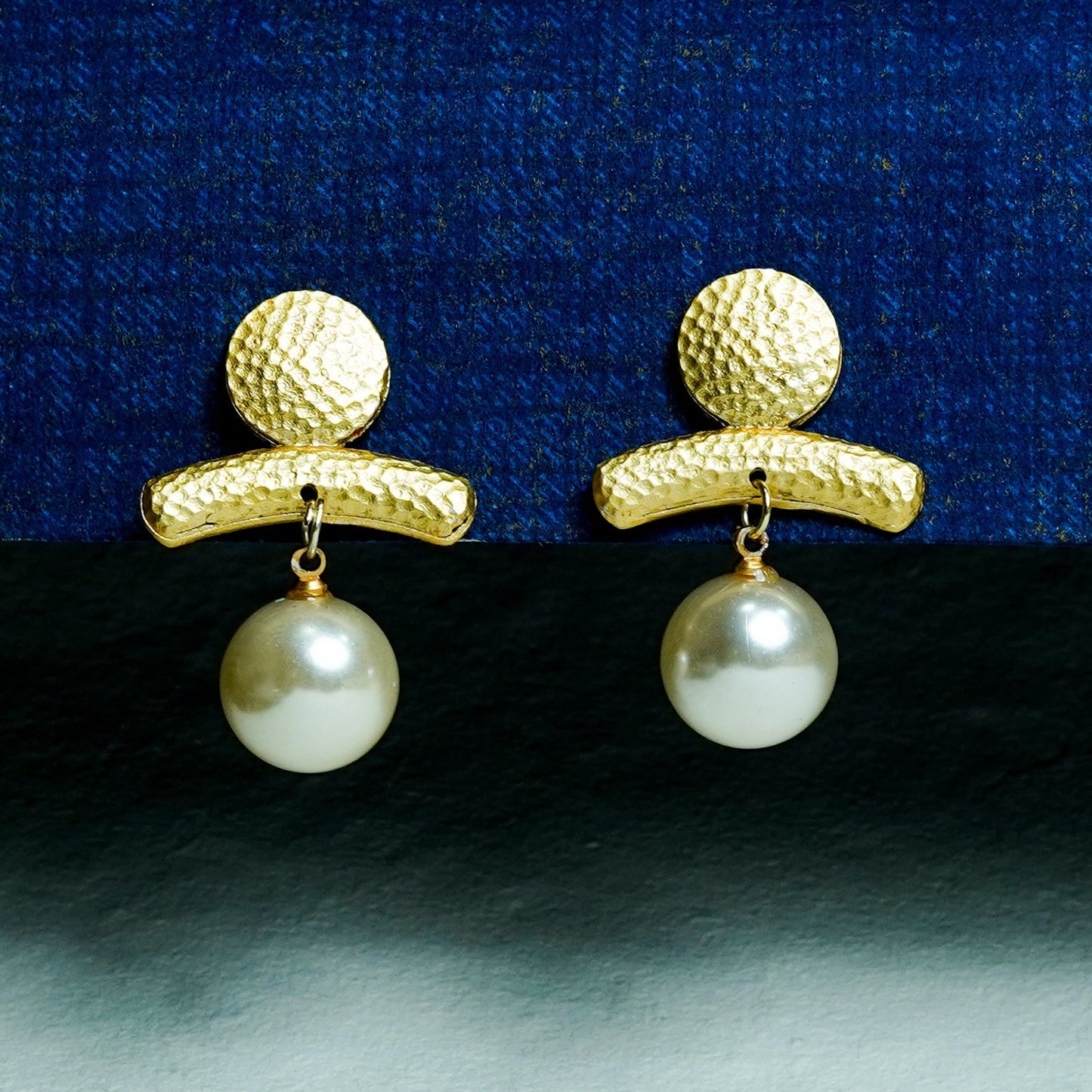 Zevar Club Gold-Toned Antique Statement Drop Earrings with Textured Bar & White Pearl Danglers