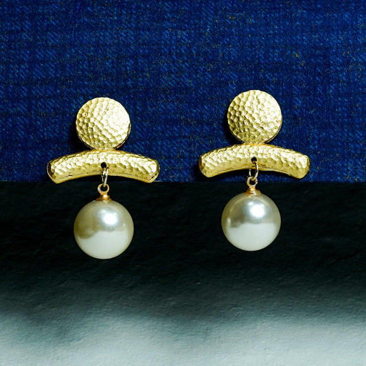 Zevar Club Gold-Toned Antique Statement Drop Earrings with Textured Bar & White Pearl Danglers