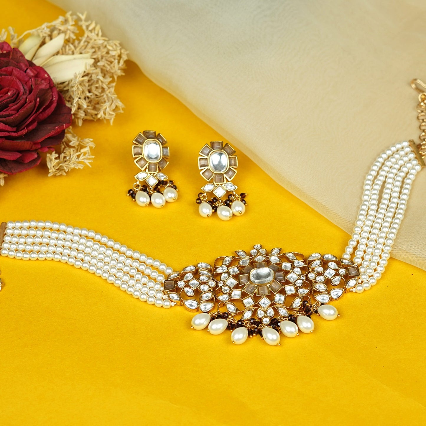 Zevar Club White Kundan Studded Floral Handcrafted Choker Necklace Set with White Pearl Beaded Strands & Drop Earrings