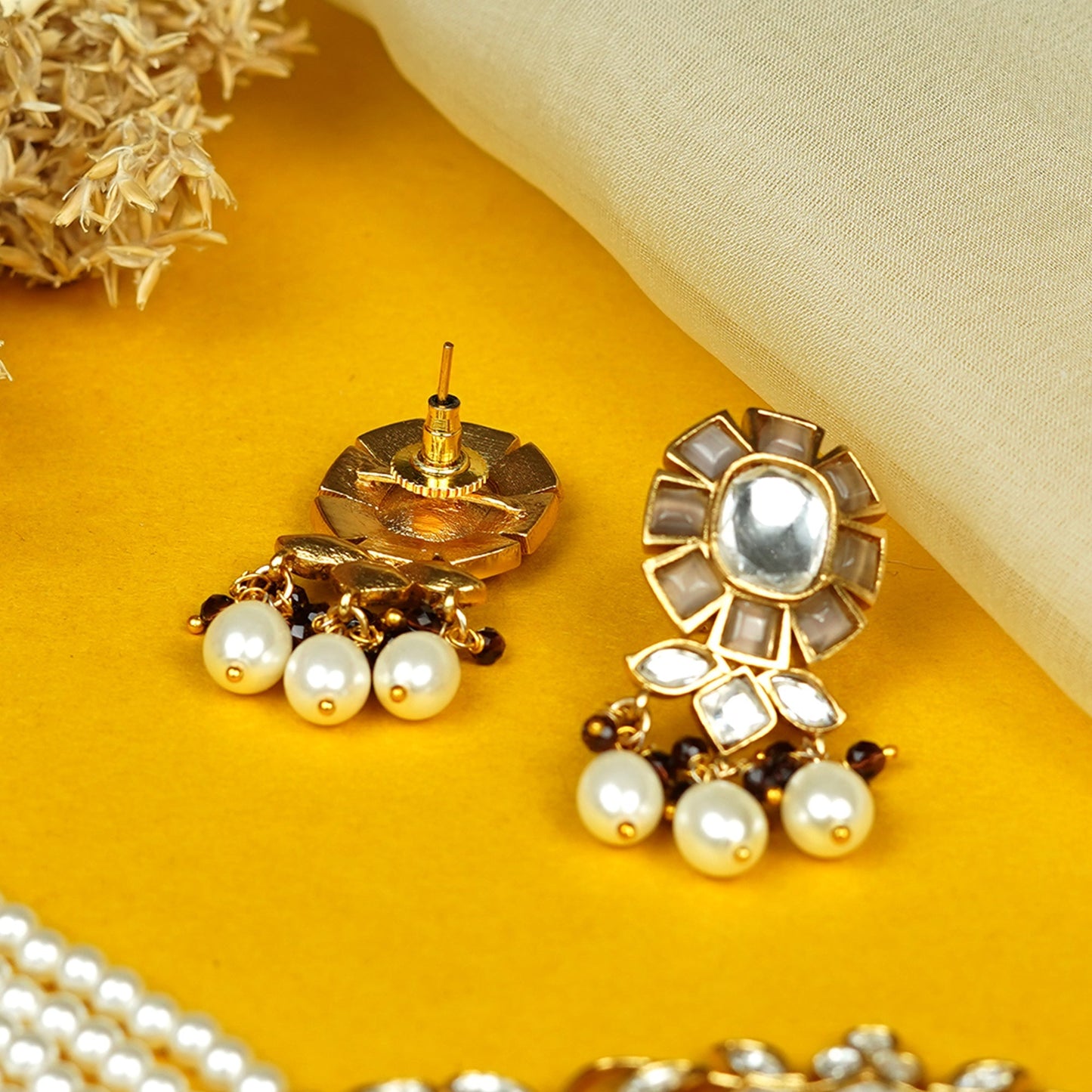 Zevar Club White Kundan Studded Floral Handcrafted Choker Necklace Set with White Pearl Beaded Strands & Drop Earrings