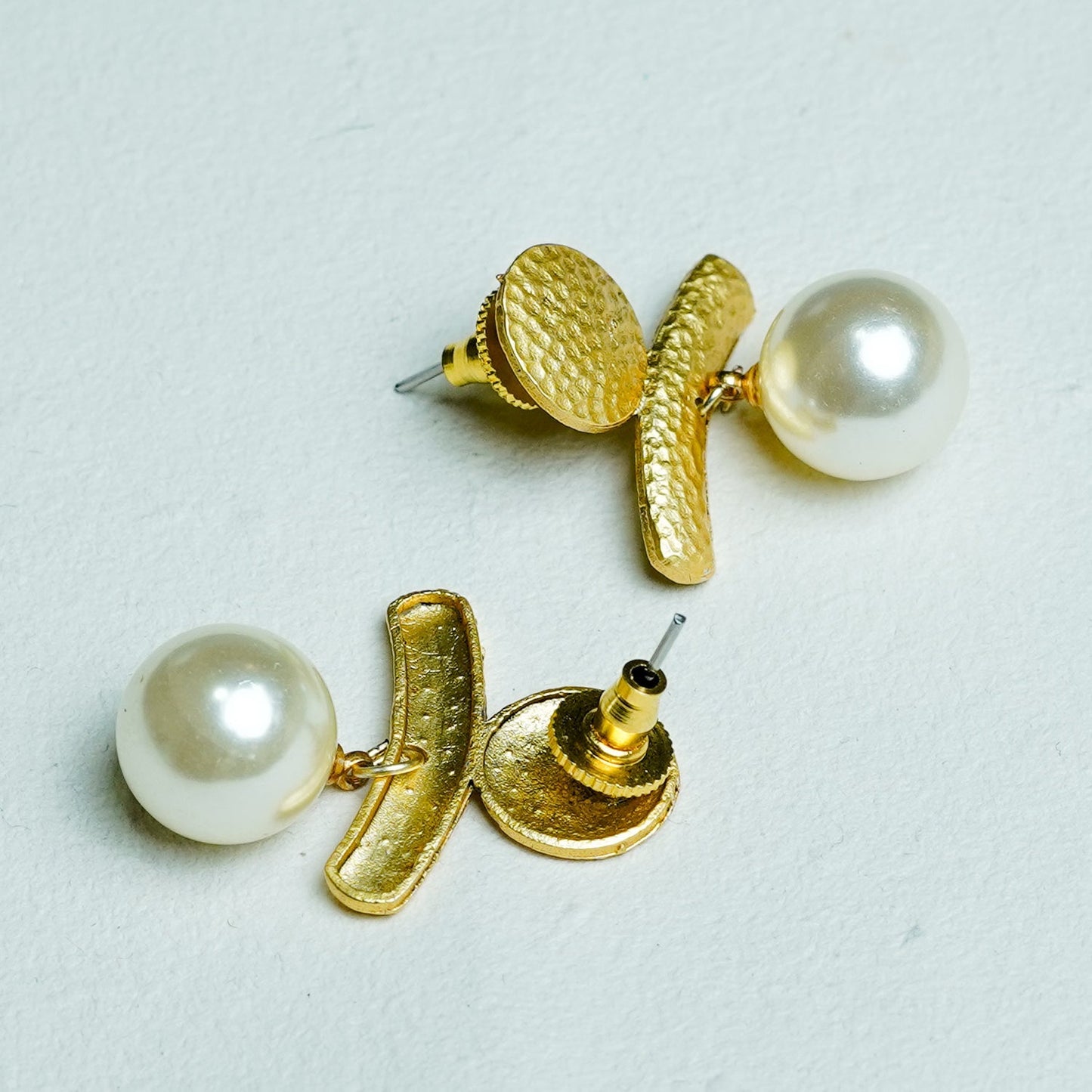 Zevar Club Gold-Toned Antique Statement Drop Earrings with Textured Bar & White Pearl Danglers