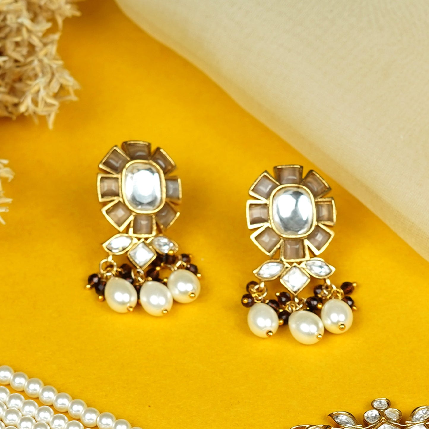 Zevar Club White Kundan Studded Floral Handcrafted Choker Necklace Set with White Pearl Beaded Strands & Drop Earrings