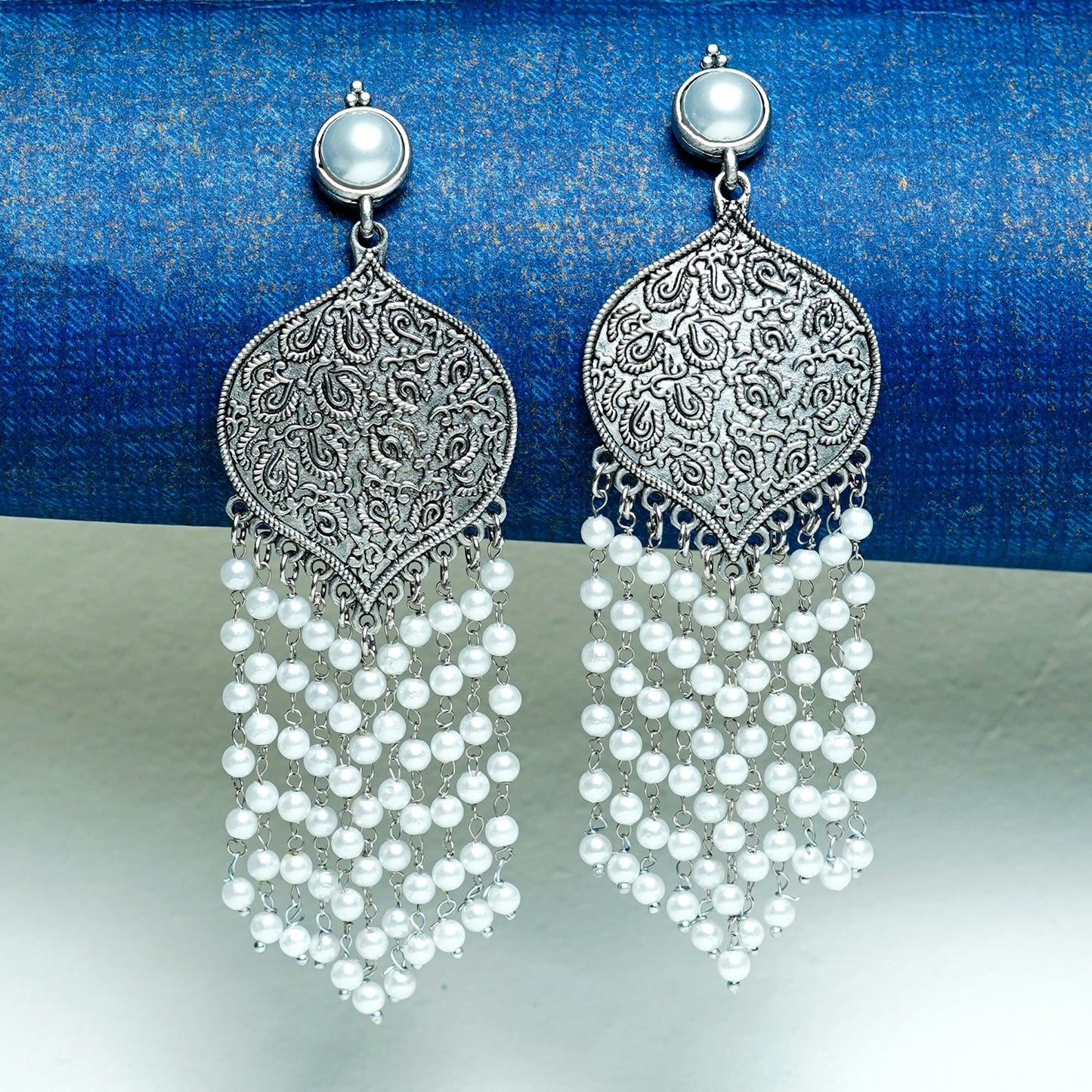 Zevar Club Oxidised Silver-Toned Statement Chandelier Earrings with Multilayer Pearl Beads