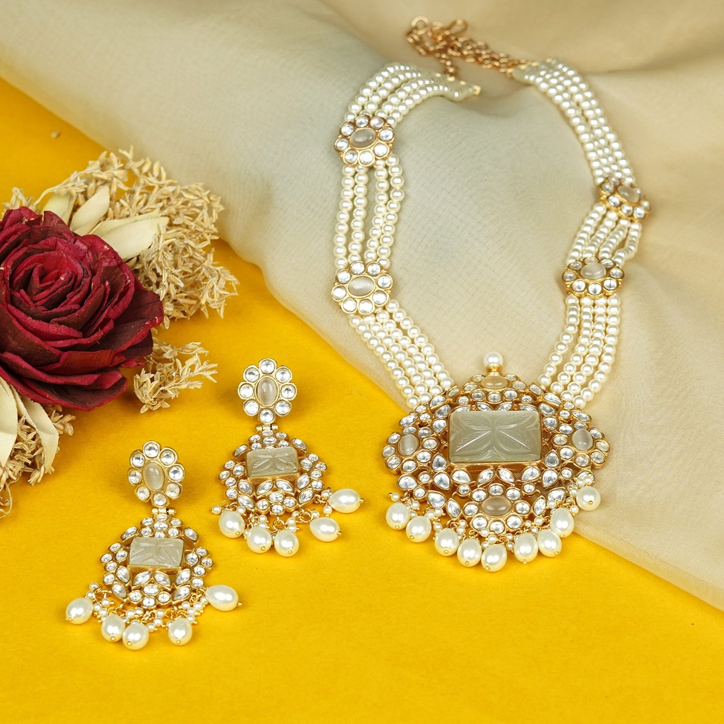 Zevar Club Handcrafted White Kundan Studded Rectangular Pendant Necklace Set with Multi-Strand White Pearl Beads & Dangling Earrings