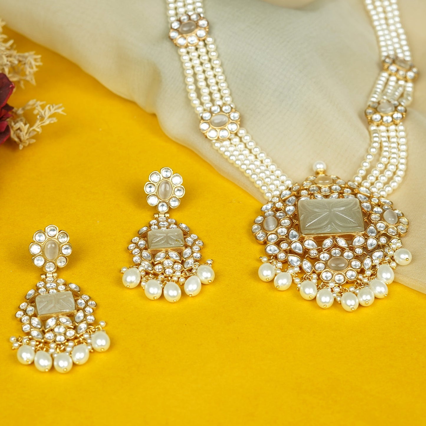 Zevar Club Handcrafted White Kundan Studded Rectangular Pendant Necklace Set with Multi-Strand White Pearl Beads & Dangling Earrings